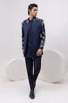 Buy_Kaka Calcutta_Blue Cotton Embroidery Leaf Silver Short Open Jacket With Kurta And Trouser Set _at_Aza_Fashions