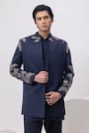 Kaka Calcutta_Blue Cotton Embroidery Leaf Silver Short Open Jacket With Kurta And Trouser Set _Online_at_Aza_Fashions