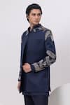 Shop_Kaka Calcutta_Blue Cotton Embroidery Leaf Silver Short Open Jacket With Kurta And Trouser Set _Online_at_Aza_Fashions