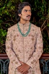 Nafs_Beige Silk Embroidery Floral Matka Sherwani Set _Online_at_Aza_Fashions