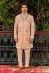 Shop_Nafs_Beige Silk Embroidery Floral Matka Sherwani Set _at_Aza_Fashions