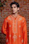 Shop_Nafs_Orange Tussar Embroidery, Mirrors Rust Silk Kurta And Pant Set _Online_at_Aza_Fashions