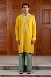Nafs_Yellow Tussar, Silk Embroidery Sunflower Kurta And Pant Set _at_Aza_Fashions