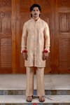 Buy_Nafs_Peach Tussar, Silk Embroidery Potli Buttoned Kurta And Flared Pant Set _at_Aza_Fashions
