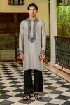 Buy_Nafs_Gray Tussar, Silk Embroidery Slate Grey Kurta And Pant Set _at_Aza_Fashions