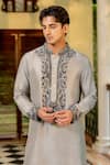 Shop_Nafs_Gray Tussar, Silk Embroidery Slate Grey Kurta And Pant Set _at_Aza_Fashions