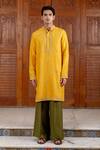 Shop_Nafs_Yellow Tussar Embroidery, Zari Amber Silk Kurta Set _Online_at_Aza_Fashions