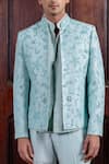 Buy_Nafs_Sky Blue Tussar, Silk, Chanderi Embroidery, Mirrors, Zari Bandhgala Set _Online_at_Aza_Fashions