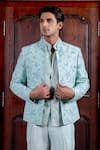 Nafs_Sky Blue Tussar, Silk, Chanderi Embroidery, Mirrors, Zari Bandhgala Set _Online
