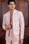 Shop_Nafs_Peach Tussar, Silk, Chanderi Mirrors, Embroidery Bandhgala Set _Online_at_Aza_Fashions
