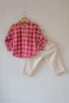 Shop_Love The World Today_Pink Cotton Mithaas Checkered Kurta And Off White Pant Set _at_Aza_Fashions