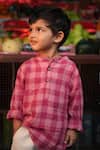 Love The World Today_Pink Cotton Mithaas Checkered Kurta And Off White Pant Set _at_Aza_Fashions