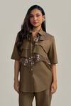 Buy_Neetiandmudita_Olive Green Cotton Sequins Collared Ruffle Glimmer Shirt _at_Aza_Fashions