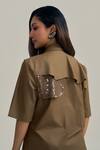 Shop_Neetiandmudita_Olive Green Cotton Sequins Collared Ruffle Glimmer Shirt _at_Aza_Fashions