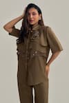 Neetiandmudita_Olive Green Cotton Sequins Collared Ruffle Glimmer Shirt _Online_at_Aza_Fashions