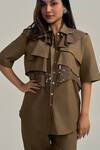Buy_Neetiandmudita_Olive Green Cotton Sequins Collared Ruffle Glimmer Shirt _Online_at_Aza_Fashions