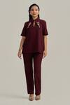 Buy_Neetiandmudita_Burgundy Crepe Collared Merlot Edge Top _at_Aza_Fashions