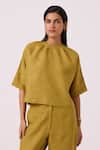Buy_The Summer House_Olive Green Linen Round Neck Bourne Top _at_Aza_Fashions