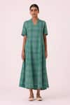 The Summer House Green Handloom Cotton, Silk V-neck Clover Handwoven Dress Online at Aza Fashions The Summer House_Green Handloom Cotton, Silk V-neck Clover Handwoven Dress _Online_at_Aza_Fashions