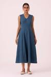 The Summer House Blue Cotton V-neck Emy Handwoven Dress Online at Aza Fashions The Summer House_Blue Cotton V-neck Emy Handwoven Dress _Online_at_Aza_Fashions