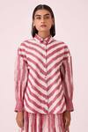 The Summer House_Pink Handloom Cotton Collared Henry Rhubarb Striped Ikat Shirt _at_Aza_Fashions