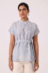Buy_The Summer House_Blue Handloom Cotton Collared Kitty Ikat Top _at_Aza_Fashions