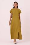 Buy_The Summer House_Olive Green Linen Round Neck Liza Dress _at_Aza_Fashions