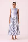 The Summer House_Blue Handloom Cotton Round Neck Myshkin Striped Ikat Dress _at_Aza_Fashions