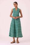 Buy_The Summer House_Green Cotton, Silk V-neck Orwell Handwoven Dress _at_Aza_Fashions