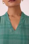 The Summer House_Green Cotton, Silk V-neck Orwell Handwoven Dress _at_Aza_Fashions