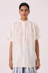 The Summer House_Off White Handloom Cotton Mandarin Collar Patt Handwoven Top _at_Aza_Fashions