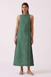 The Summer House_Green Linen Round Neck Pierre Dress _Online_at_Aza_Fashions