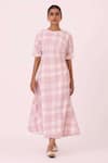 Buy_The Summer House_Off White Handloom Cotton Round Neck Pine Checkered Handwoven Dress _at_Aza_Fashions