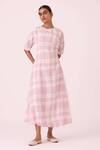 The Summer House_Off White Handloom Cotton Round Neck Pine Checkered Handwoven Dress _Online_at_Aza_Fashions