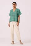 The Summer House_Green Handloom Cotton, Silk V-neck Rue Handwoven Top _Online_at_Aza_Fashions