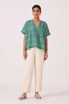 Buy_The Summer House_Green Handloom Cotton, Silk V-neck Rue Handwoven Top _Online_at_Aza_Fashions