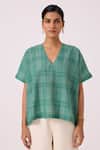 Shop_The Summer House_Green Handloom Cotton, Silk V-neck Rue Handwoven Top _Online_at_Aza_Fashions