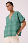 The Summer House_Green Handloom Cotton, Silk V-neck Rue Handwoven Top _at_Aza_Fashions
