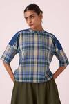 Buy_The Summer House_Blue Cotton High Neck Samovar Handwoven Top _at_Aza_Fashions