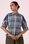 Buy_The Summer House_Blue Cotton High Neck Samovar Handwoven Top _Online_at_Aza_Fashions