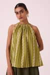 The Summer House_Green Cotton Halter Neck Sean Striped Ikat Top _at_Aza_Fashions