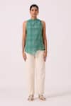 The Summer House_Green Handloom Cotton, Silk Round Neck Sonya Handwoven Top _Online_at_Aza_Fashions