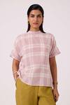Buy_The Summer House_Off White Handloom Cotton Mandarin Collar Ursula Checkered Handwoven Top _at_Aza_Fashions