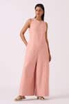 The Summer House_Pink Handloom Cotton, Twill Round Neck Vronsky Handwoven Jumpsuit _Online_at_Aza_Fashions