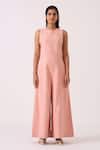 Shop_The Summer House_Pink Handloom Cotton, Twill Round Neck Vronsky Handwoven Jumpsuit _Online_at_Aza_Fashions
