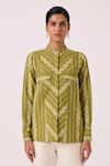 Buy_The Summer House_Green Cotton Mandarin Collar Wilde Striped Ikat Shirt _at_Aza_Fashions