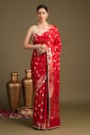 Buy_Zal From Benaras_Red Silk Embroidery Pure Banarasi Handloom Saree With Unstitched Blouse Piece_at_Aza_Fashions
