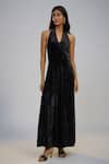Nadima Saqib_Black Velvet Sequins Halter , Open Dress And Printed Cape Set _at_Aza_Fashions