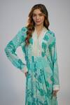 Nadima Saqib_Blue Crepe Sequins, Lace V-neck Cyan Printed And Embroidered Kaftan Dress _Online_at_Aza_Fashions