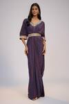 Buy_Nadima Saqib_Navy Crepe Sequins, Pearls V-neck Blue Printed And Embroidered Kaftan Dress _at_Aza_Fashions
